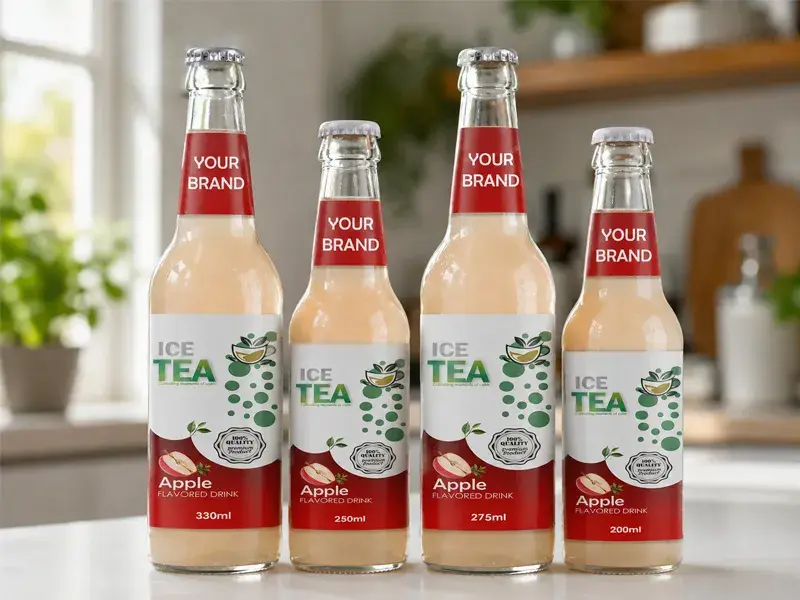 ICE TEA Apple flavour in 200ml, 250ml, 275ml and 330ml glass bottles.